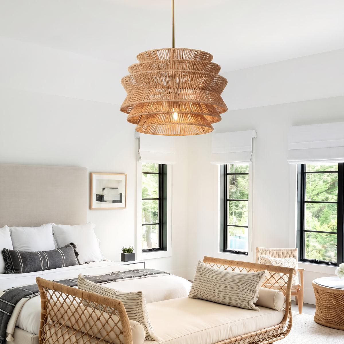 17.3" Rattan Pendant Light,Hand-Woven Rustic Wicker Hanging Light Seagrass Ceiling Chandelier,Water Plants Rattan Chandelier for Dining Living Bedroom Kitchen Farmhouse