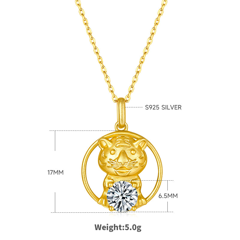 S925 Sterling Silver Gold Plated 1ct D Color VVS1 Moissanite Tiger Necklace 5g Chinese Zodiac Benmingnian Gift GRA Certified Gift Box