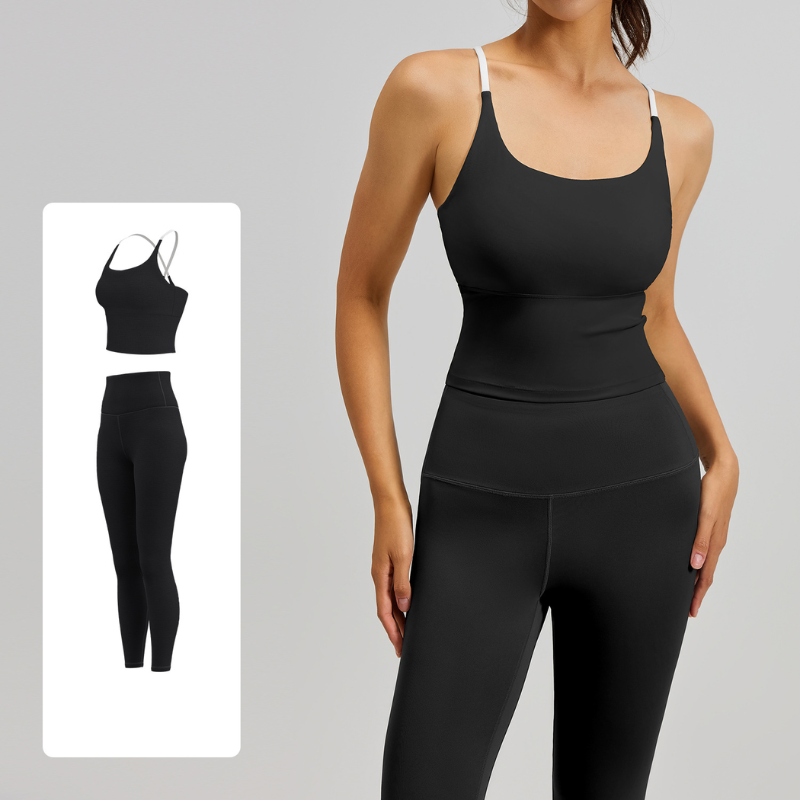Women's Two-Piece Sports Fitness Outfit With Camisole Top & Long Pants, Color Block Shockproof Yoga Wear For Indoor Training