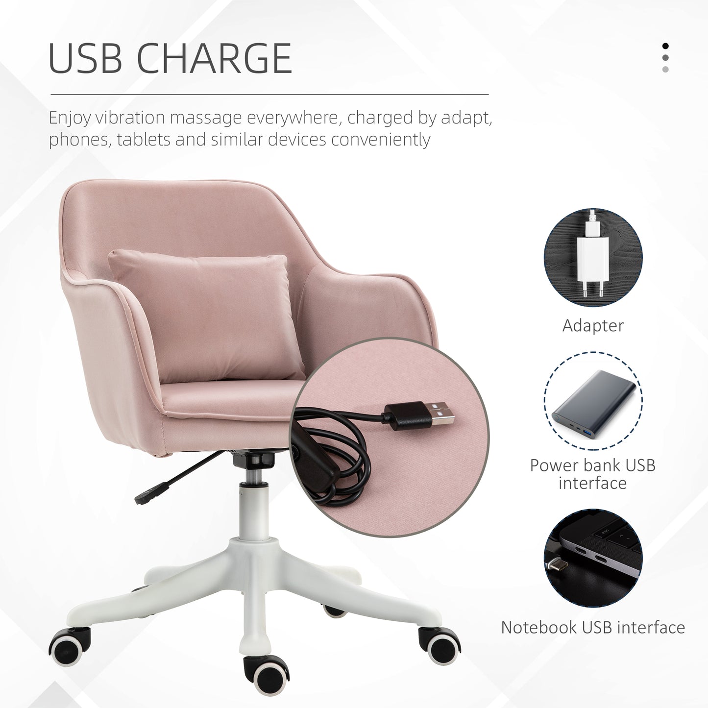 Vinsetto Velvet Office Chair, Desk Chair, Makeup Vanity Chair With Massage Lumbar Pillow And Rolling Wheels For Bedroom And Home, Pink
