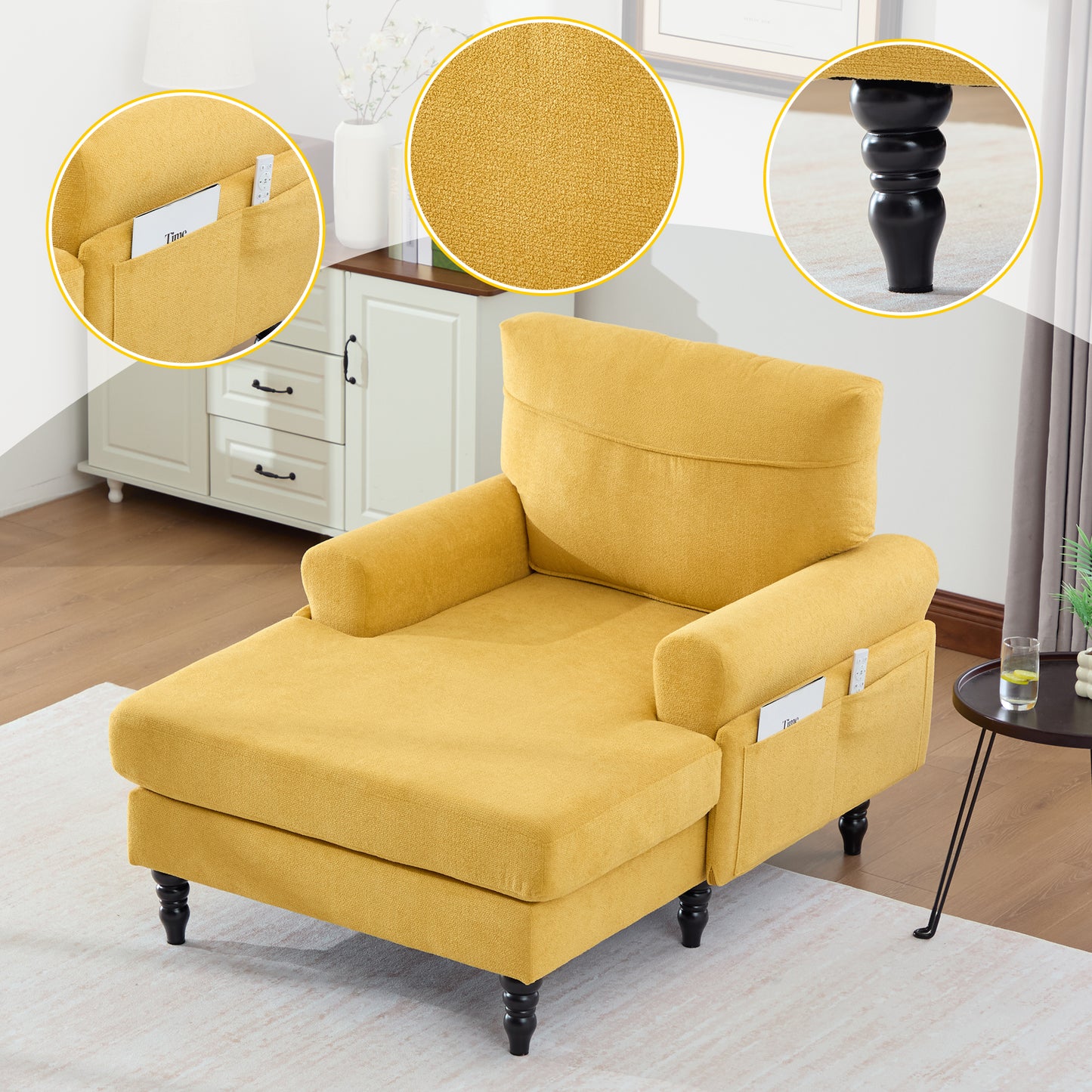 Modern Minimalist Chenille Fabric Chaise Lounge Recliner Single Sofa Living Room Bedroom Rest Chair Wooden Sofa Legs With Comfortable Backrest And Armrests Side Pockets For Storage Suitable For Office