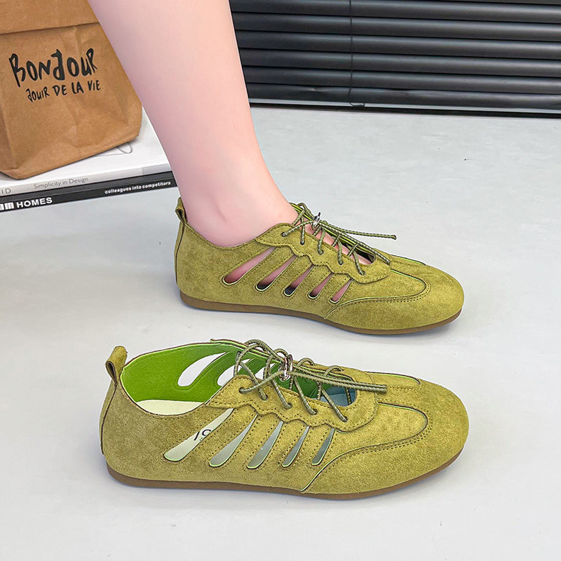 2026 New Women's French Hollow Breathable Hidden Platform Mary Janes, Round Toe Lace-Up Soft Flat Shallow Mouth Flats