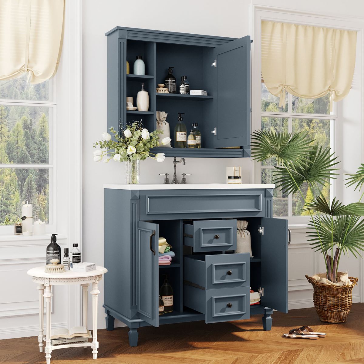 36'' Bathroom Vanity with Top Sink, Royal Blue Mirror Cabinet, Modern Bathroom Storage Cabinet with 2 Soft Closing Doors, Single Sink Bathroom Vanity