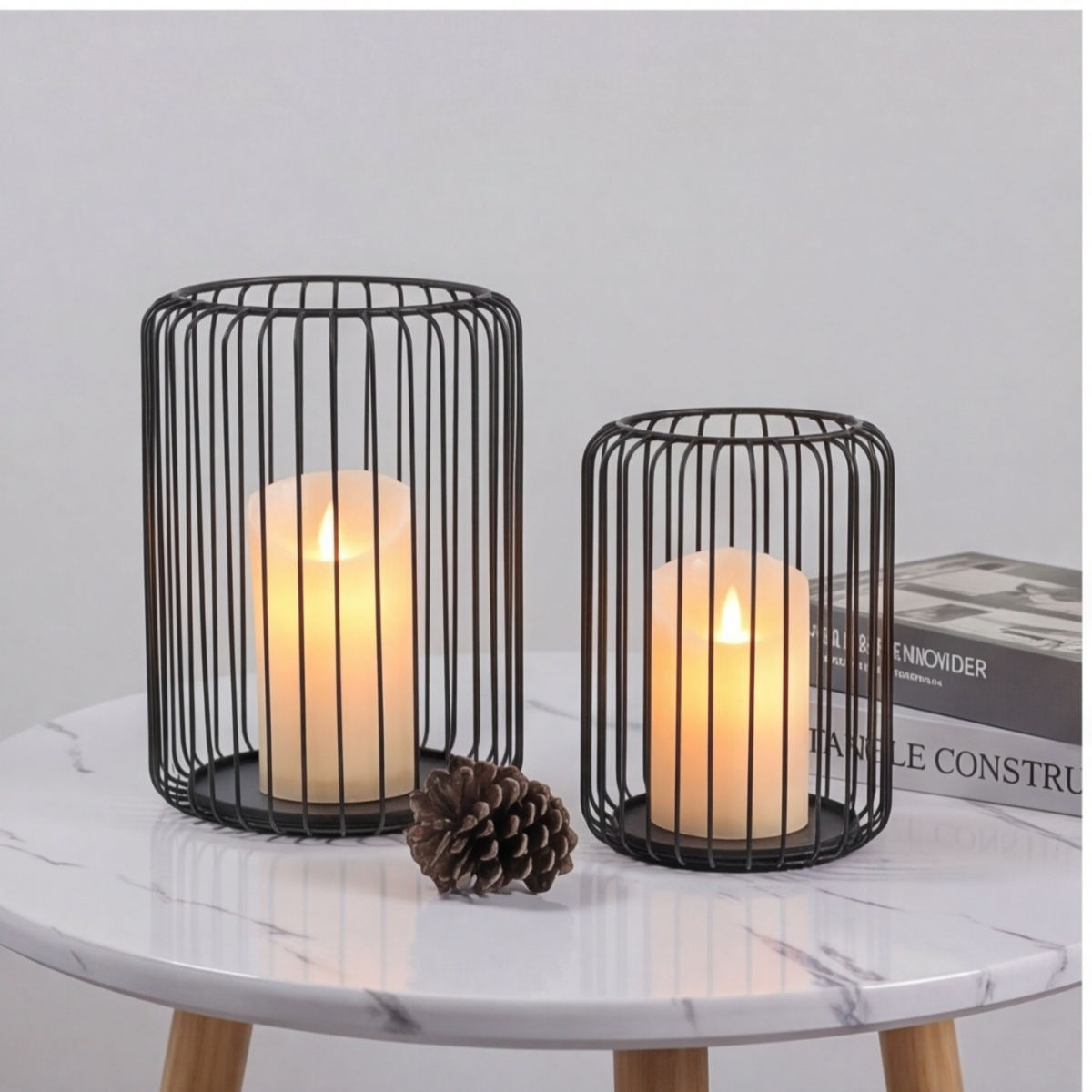 Set Of 2 Metal Candle Holders, Wire Lantern Design In 2 Sizes For Table Decor And Party Accessories
