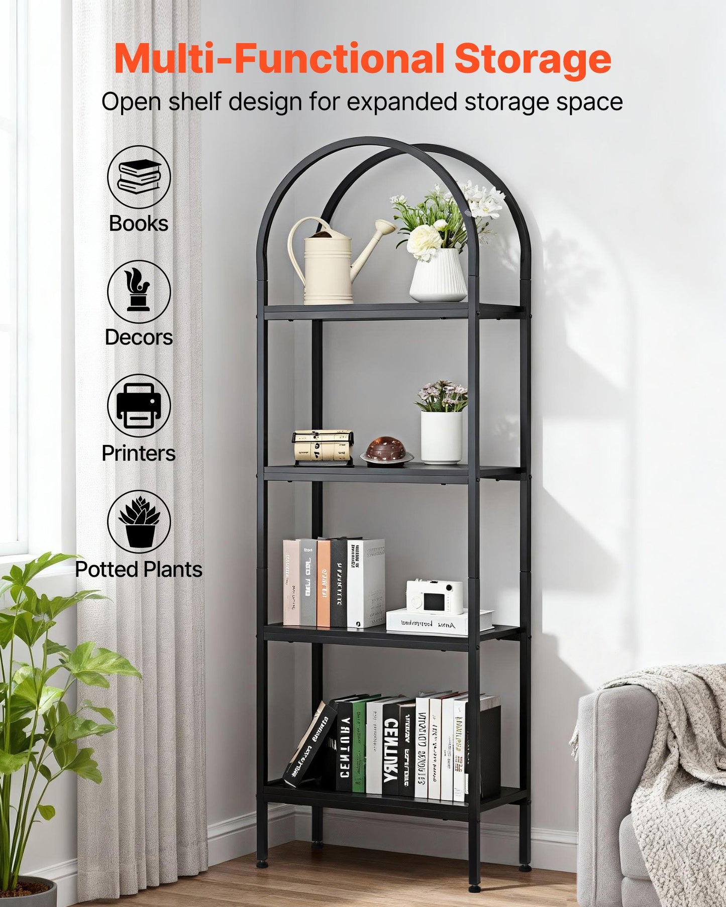 Open Bookshelf, 4-Tier, Arched Bookcase Storage Shelves With Metal Frame, Industrial Metal Book Organizer, Freestanding Display Rack Tall Shelving Unit, For Office, Bedroom, Living Room, Black