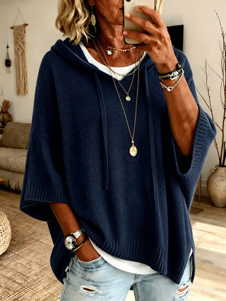 New Knitted Hoodie With Drawstring, Loose Fit Outerwear Sweater