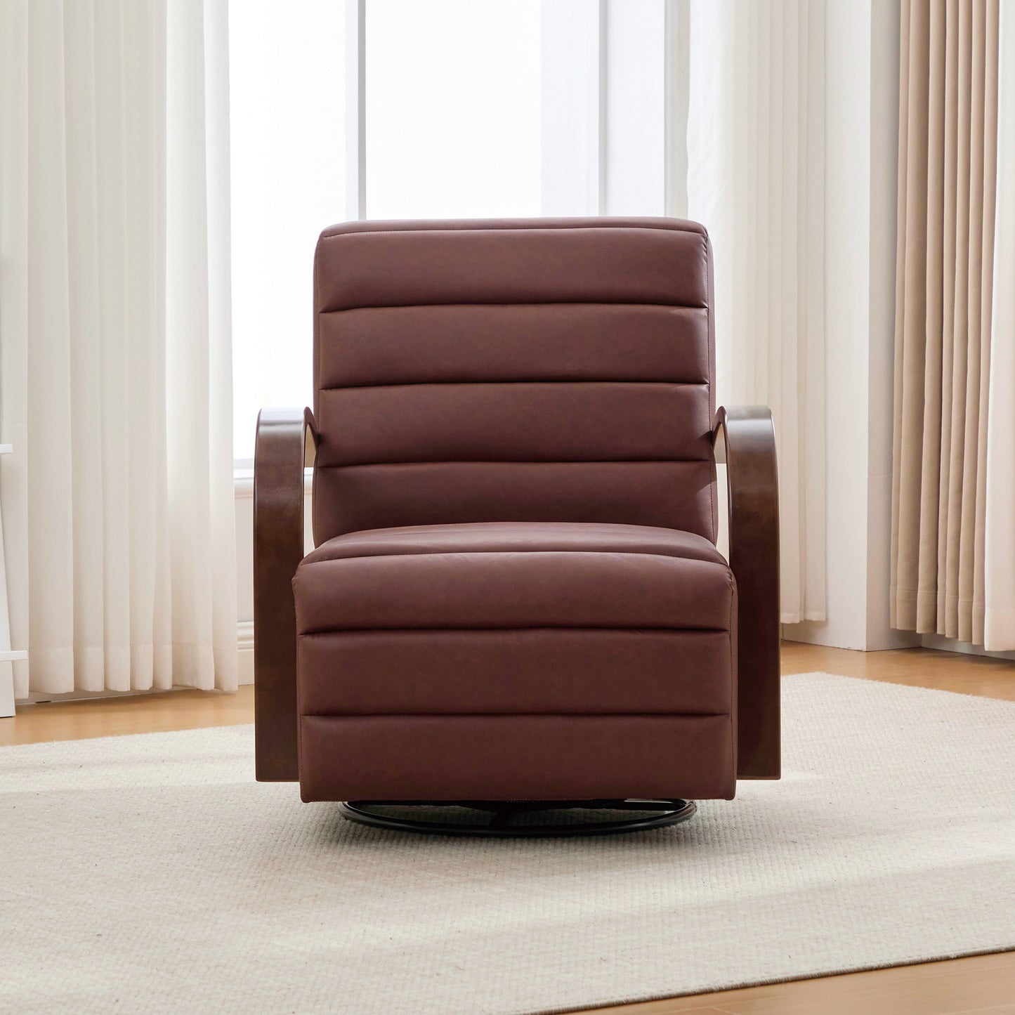 30.7 W Modern Upholstered 360 Swivel Accent Chair With Solid Wood Armrests And Comfy Channel Tufted Lounge Reading Chair, Single Sofa Armchair For Hotel Bedroom Living Room Office And Bedroom. Brown