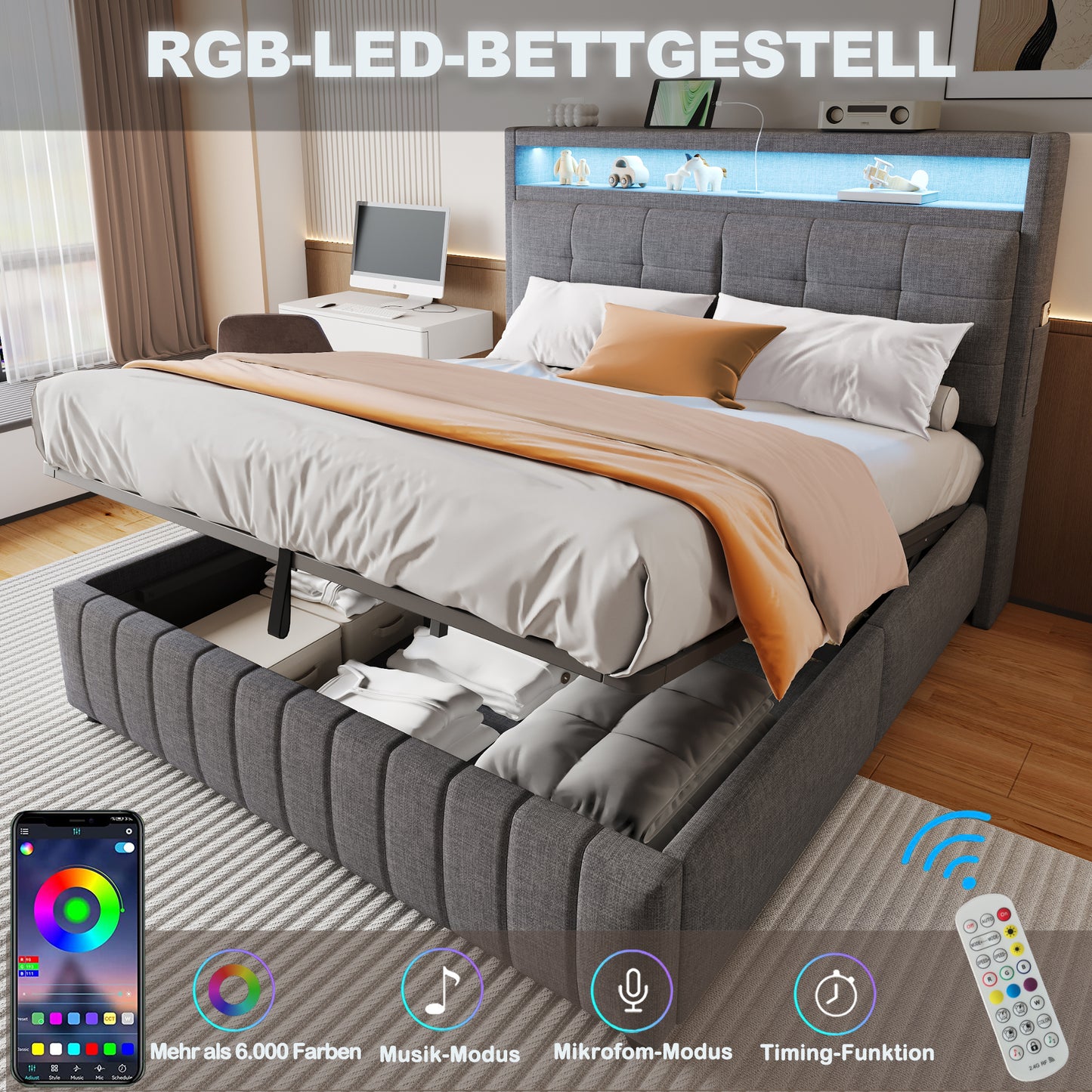 Upholstered Bed 160x200 Cm, With LED Lighting And USB Socket, Headboard With Shelves And Storage Space, With Hydraulic Storage With Storage Compartments, Double Adult Bed With Slatted Base, Linen Fabr