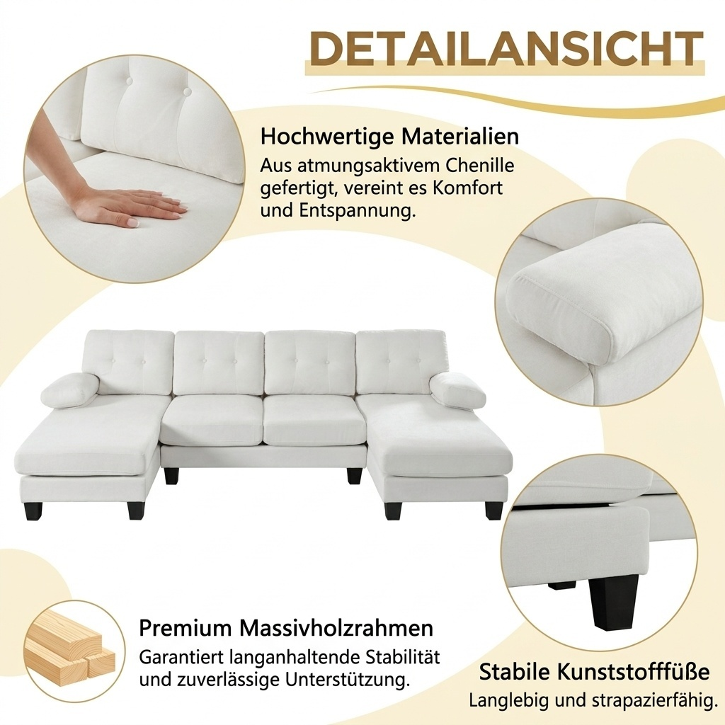 4 Seater U-Shaped Sofa With Chaise Longue, Modern Chenille Upholstered Sofa, Sofa Bed With Adjustable Backrest, Guest Sofa For Living Room & Office, Beige