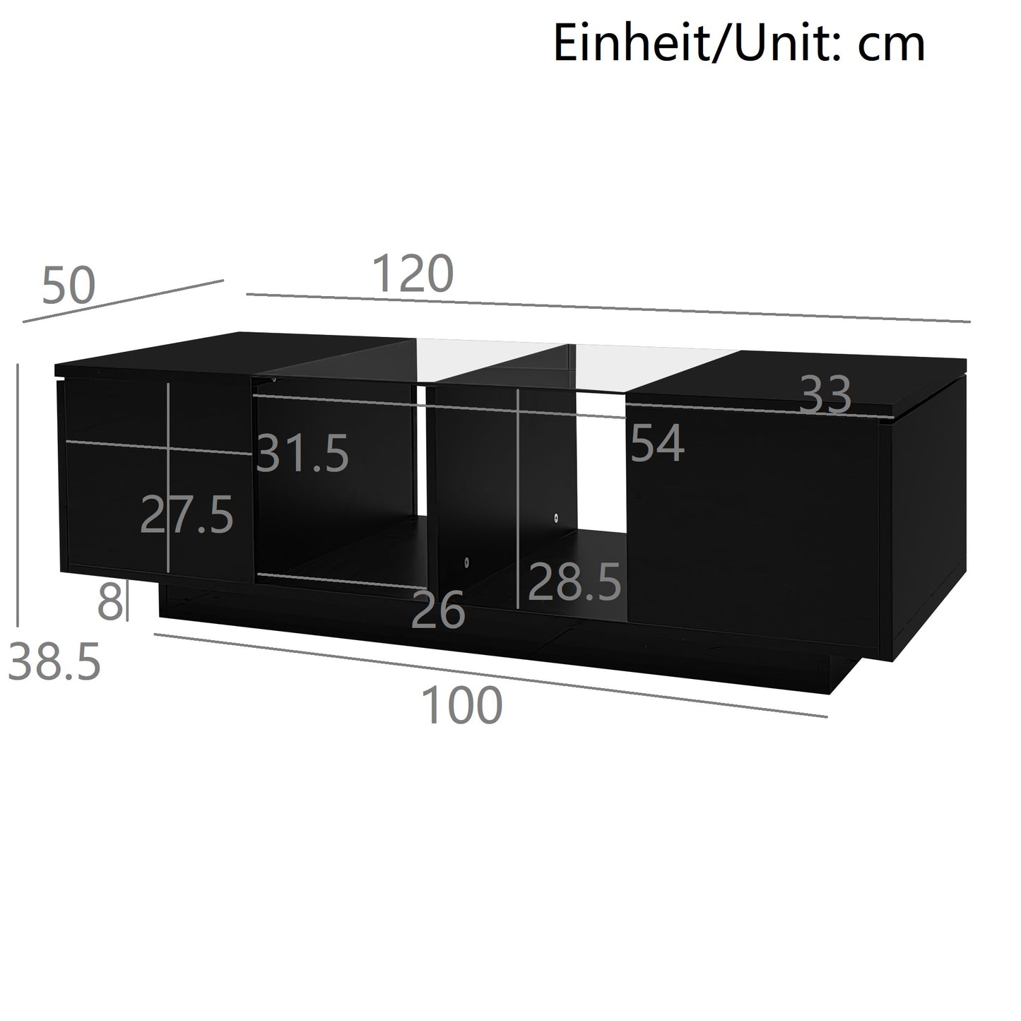 Modern Black Coffee Table With LED Lighting, High Gloss Top, 120 X 50 X 38.5 Cm