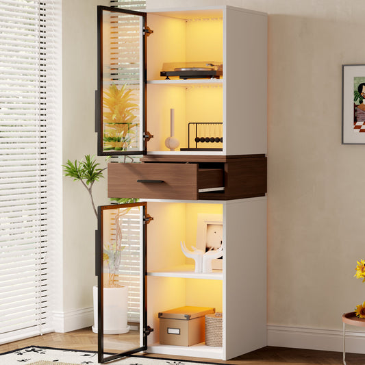 40X40X200cm Glass Display Cabinet With LED Lighting  White Cabinet With Two Glass Doors And A Drawer. A Versatile Cabinet That Is Suitable For Living Rooms, Study Rooms And Dining Areas.