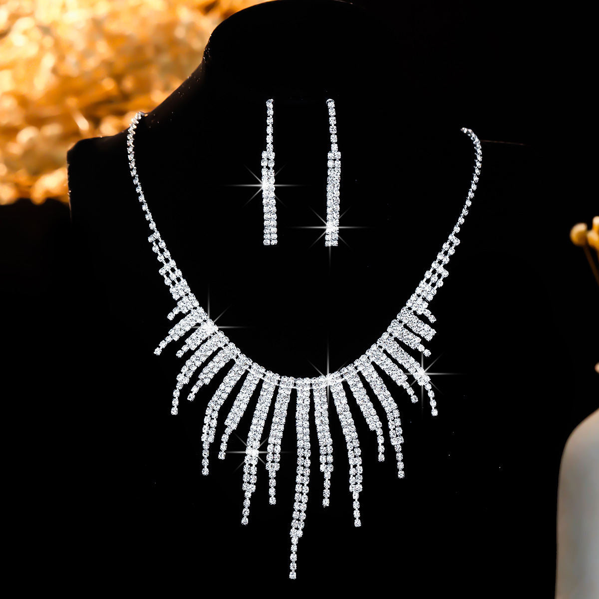 Rhinestone Simple Necklace Earrings Set Chain Wedding Dress Dinner Party Accessories Necklace