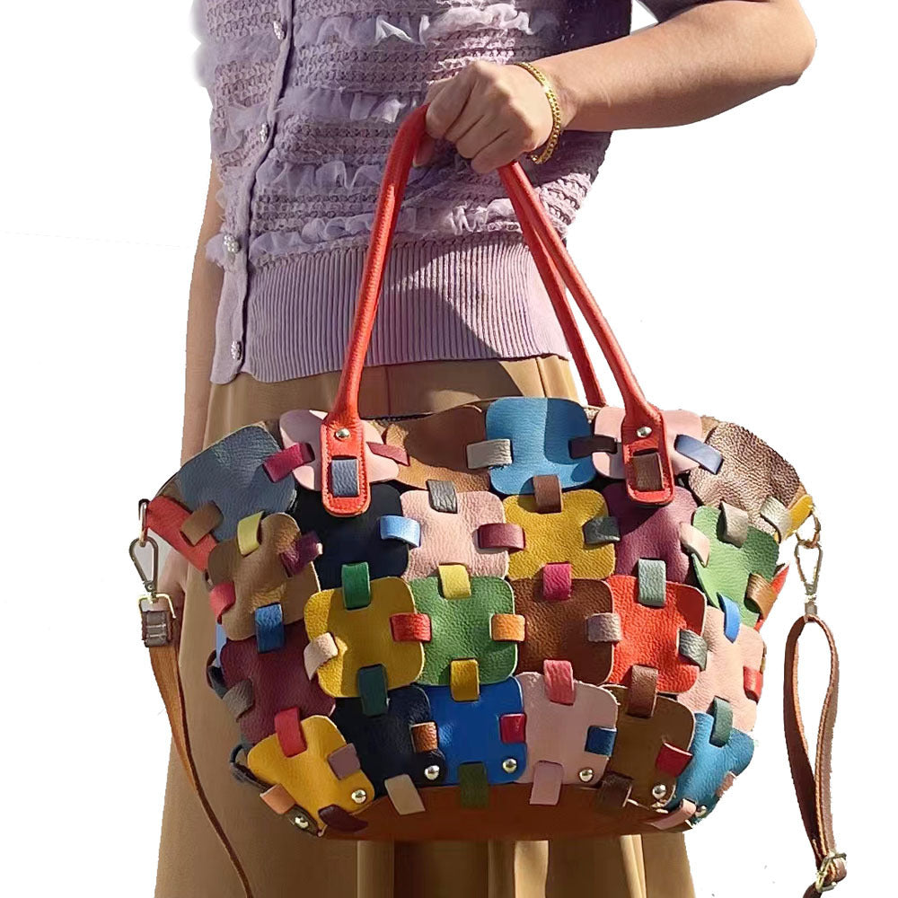 Fashionable Handmade Patchwork Square Handbag With Cross-Body Strap For Women