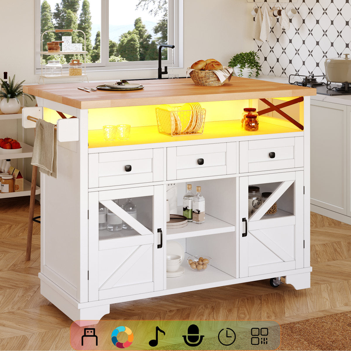 Multifunctional Mobile Kitchen Island Cart - With App-Controlled LED, Drop-Leaf Table, 3 Drawers & 2 Doors, Bar Sideboard With Storage