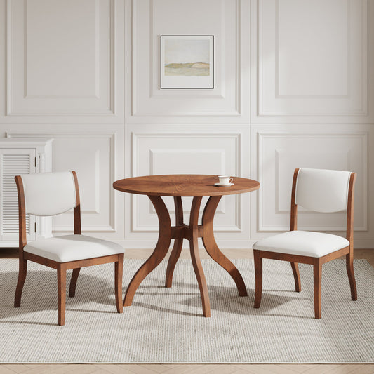 Walnut Dining Table Set:39.4" Round Table + 2 Chairs - Traditional Solid Wood Kitchen Set with Inlaid Tabletop, Elegant Curved Legs for Dining Room