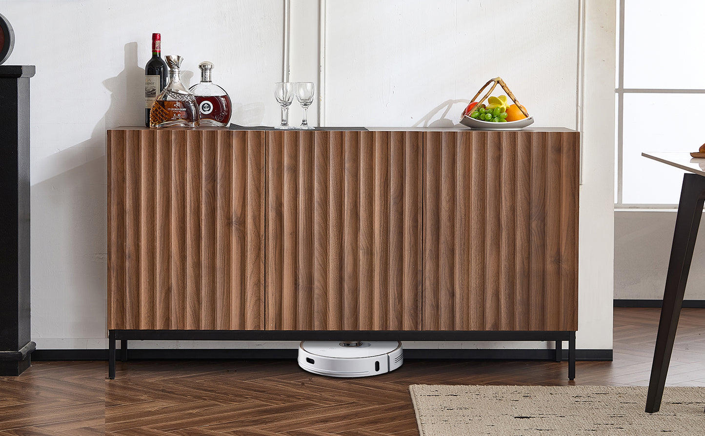 150x40x80cm Oak Dark Grained, Sideboard, Mid-Century Modern Decorative Cabinet, 3 Doors, Wavy 3D Design, Adjustable Shelves, Anti-Tilt Protection-Stylish Storage For Living Room, Dining Room, Office