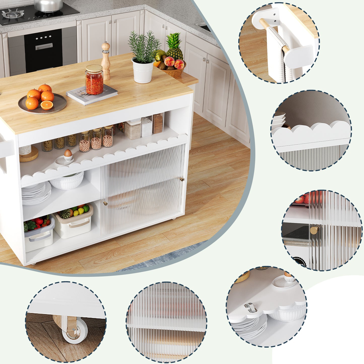 122 X 46  X 91cm, Folding Kitchen Island Cart, Oak Veneer Worktop, Tempered Glass Sliding Doors, Adjustable Shelves, Towel Rail, Large Kitchen Island Cart