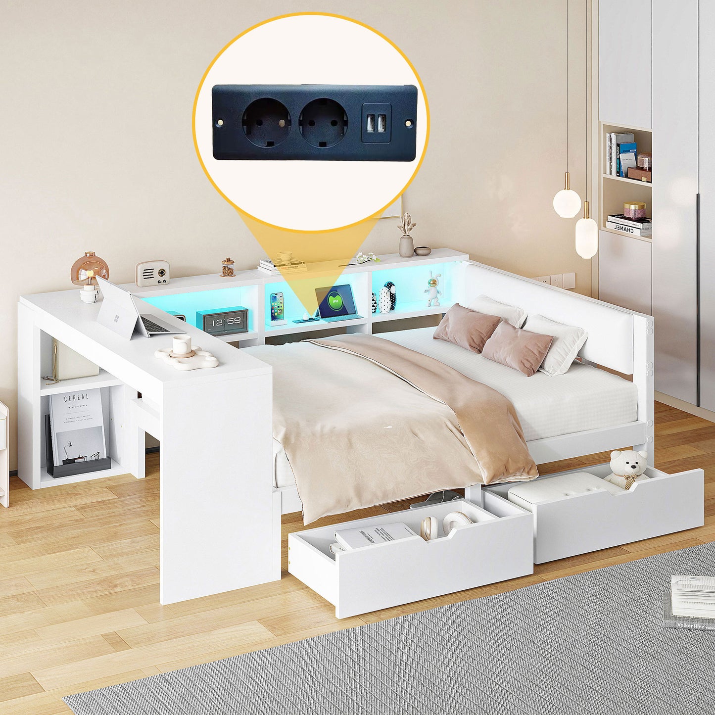 140x200 Wooden Platform Bed With Shelves, Drawers, Charging Station And Upholstered Headboard, With Colorful LED Lights, White