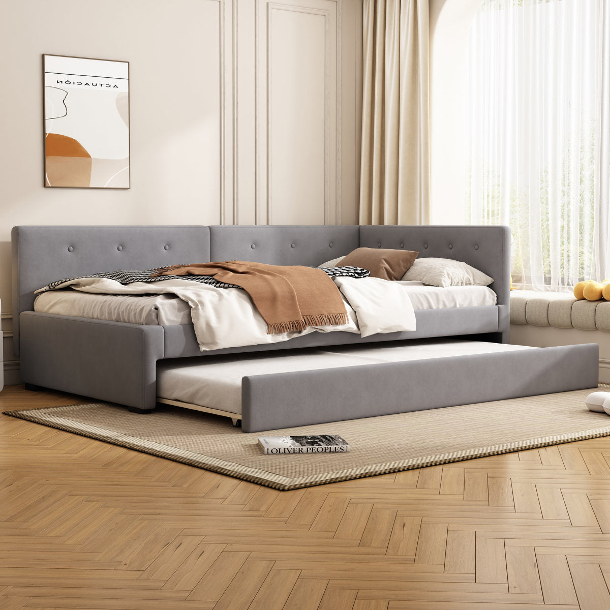 Daybed 90x200cm, Daybed With Rollaway Bed, Sofa Bed, Single Bed  Without Mattress , Minimalist Styling, Grey