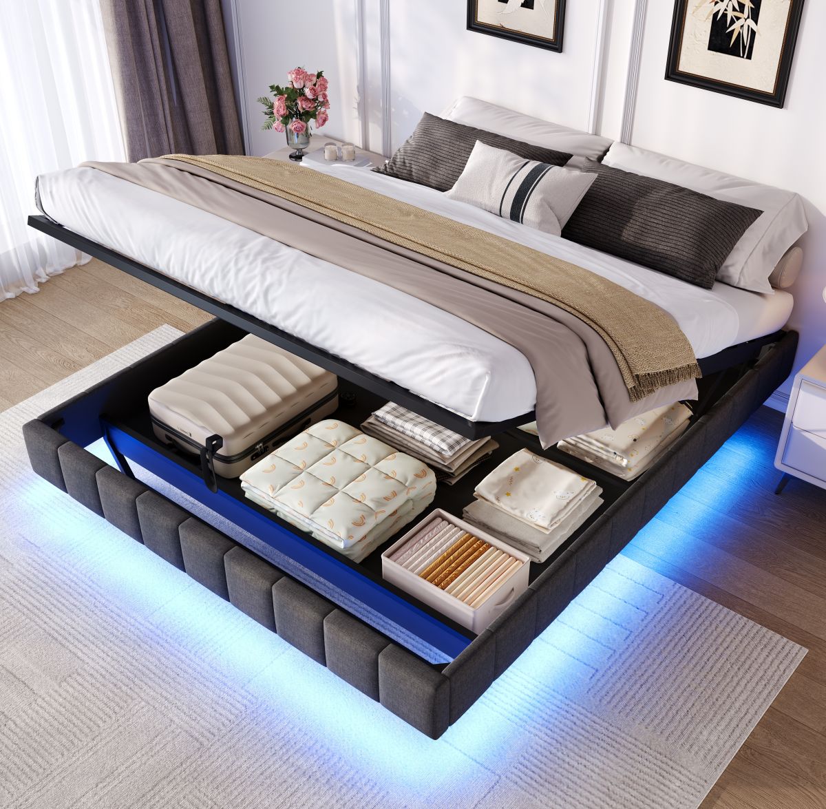 4ft6 Double Floating Bed Frame With Hydraulic Under-bed Storage & Smart RGB LED Lights, No Headboard Upholstered Bed With Concealed Anti-Collision Leg, Linen Fabric, Grey  No Mattress