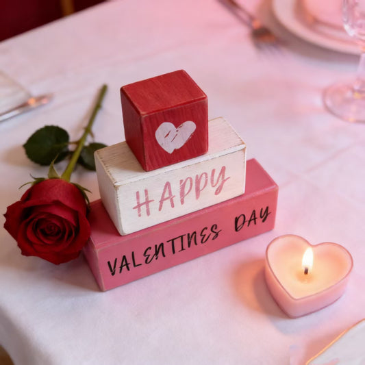 Valentine's Day Wooden Block Sign, Romantic Table Decor With Heart Pattern, Wedding Anniversary Photo Prop