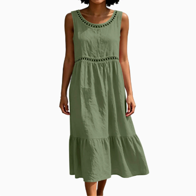 New Lace Casual Round-neck Solid-color Sleeveless Cotton-linen Dress For Women