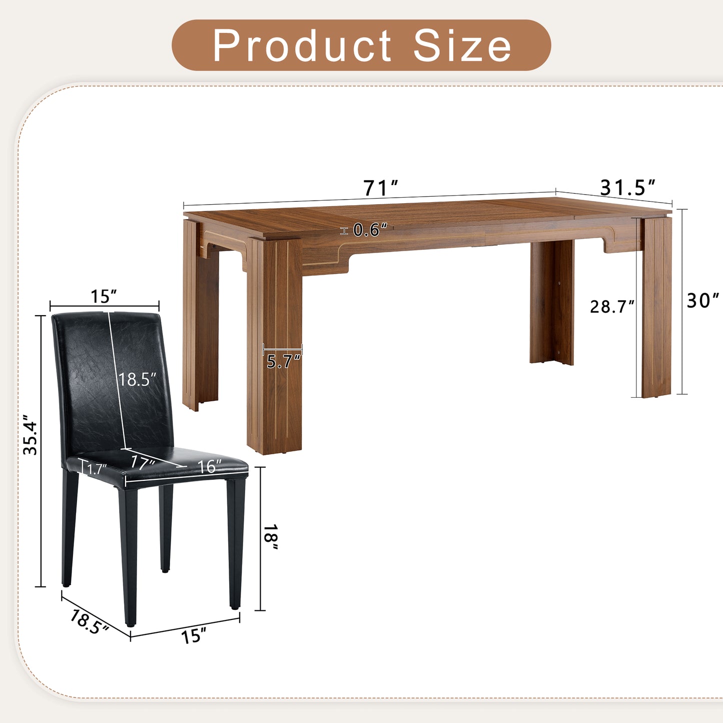 Table And Chair Set.71 X 31.5 Inch Walnut Wood Grain Dining Table, Paired With A Set Of 6 Black PU Dining Chairs. 1 Table, 6 Chairs, Home Dining Table And Chair Combination.