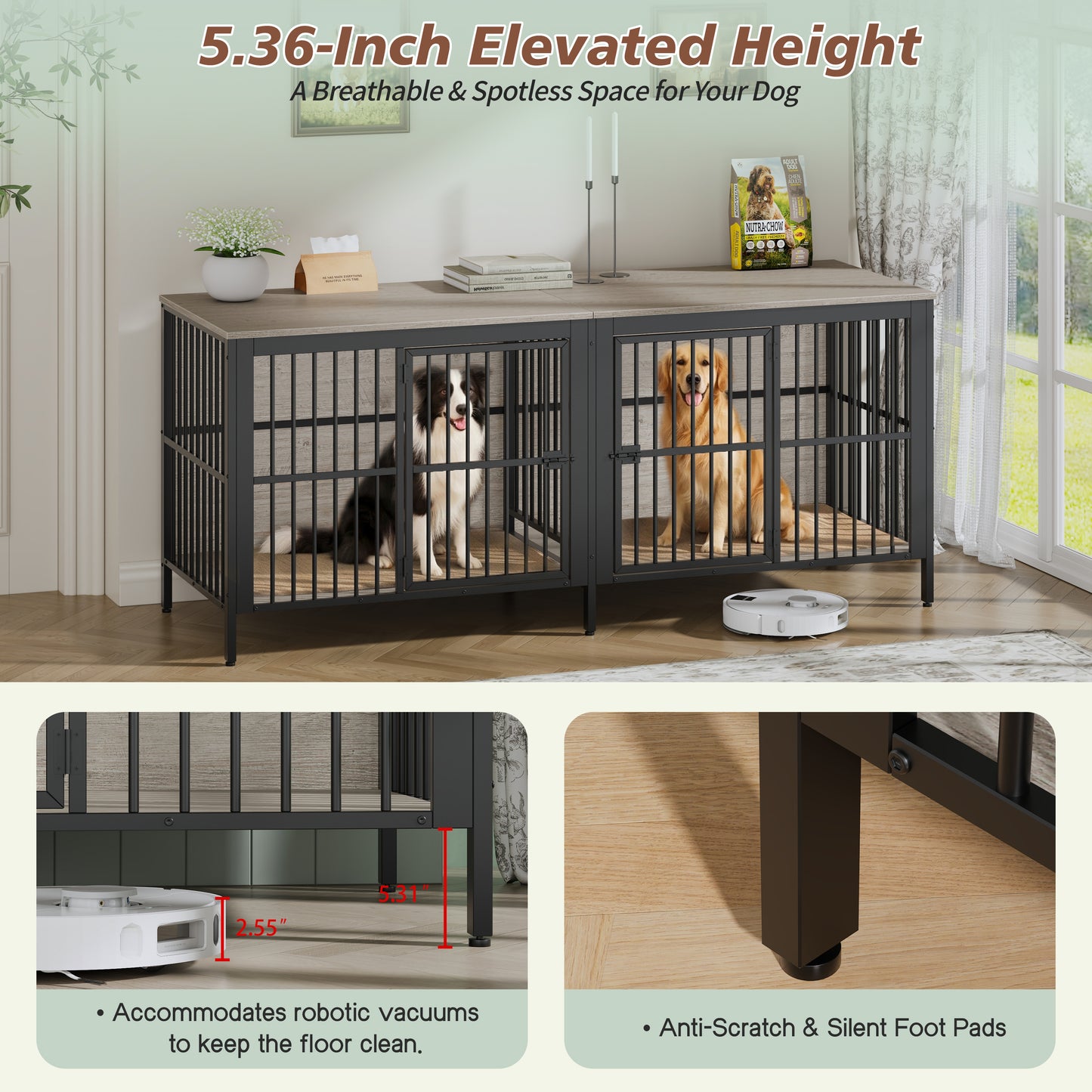 80  Dog Crate End Table, Heavy Duty 2-Door Indoor Pet Kennel, Multipurpose Dog House Furniture As TV Stand Or Side Table For Living Room, Large & Medium Dogs, Grey.