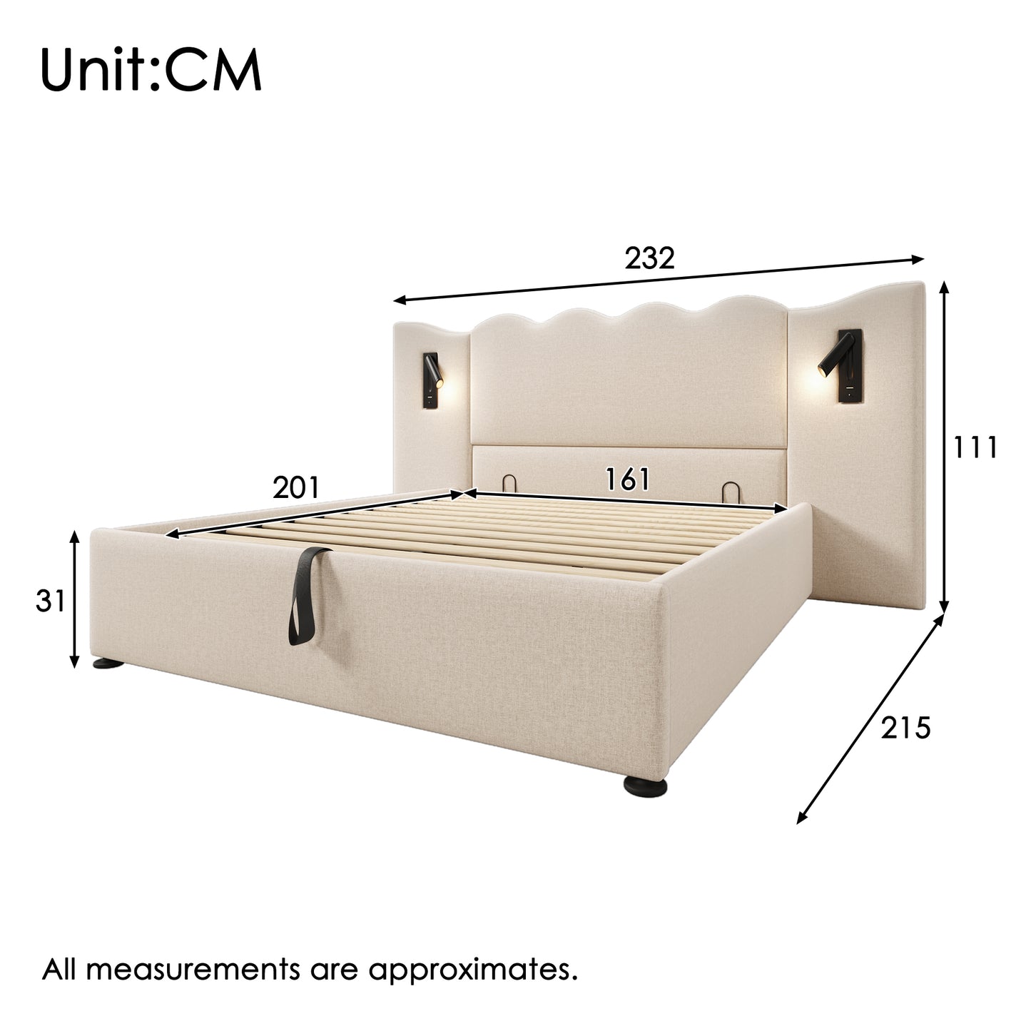 Upholstered Bed Double Bed 160x200 With Reading Lamp And USB Type-C Charging Function, Storage Bed Frame With Slatted Base Made Of Solid Wood And Metal, Beige, Linen  Without Mattress