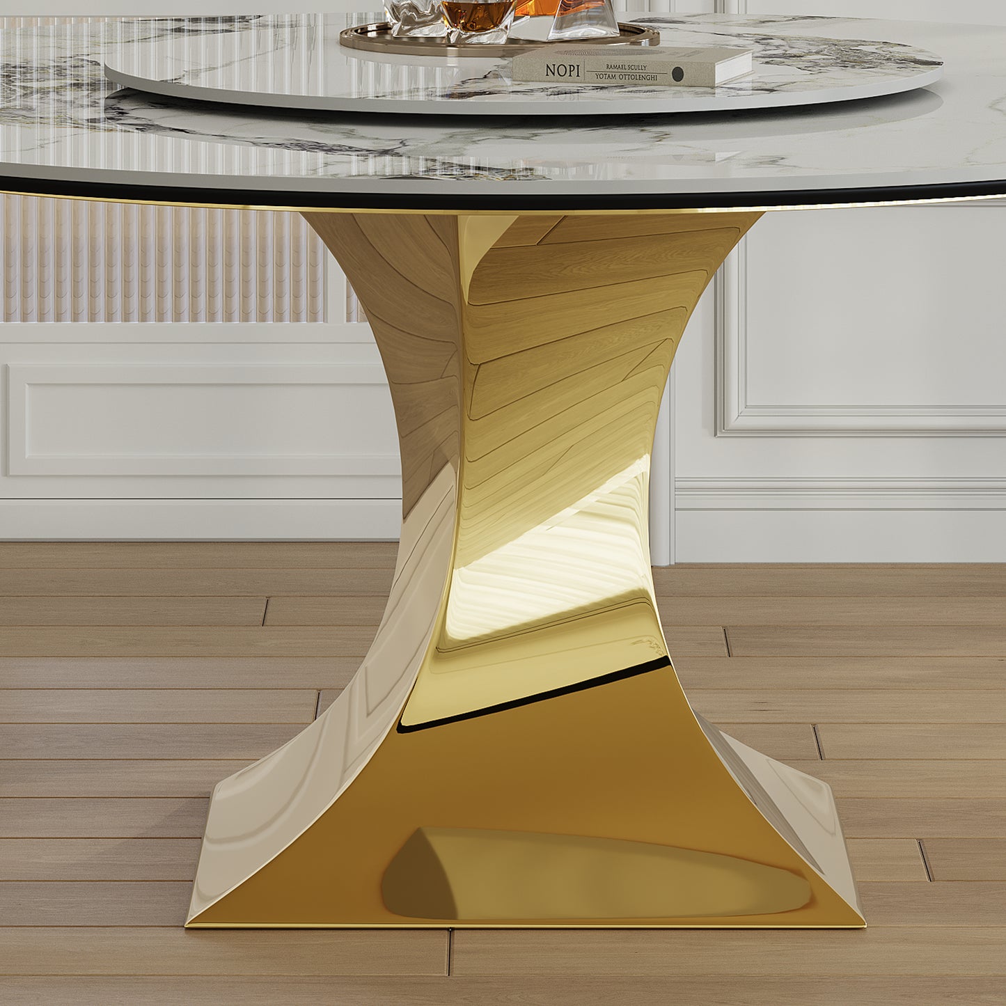 59 Round Sintered Stone Dining Table Set With Gold Stainless Steel Hourglass Base  - Modern Luxury Marble-Look Kitchen Table For 4-6 People  Scratch & Heat Resistant Surface-Only Table