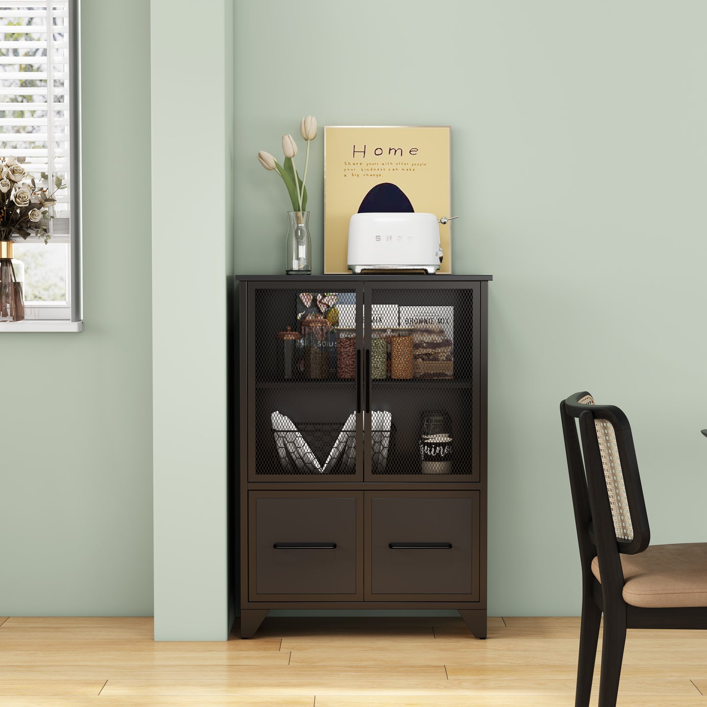 Storage Cabinet With 4 Iron Doors,Black Metal Handle,Sideboard With Adjustable Shelf,Black Sturdy Metal Frame And Metal Legs,Easy Assemble,For Living Room,Kitchen,Black