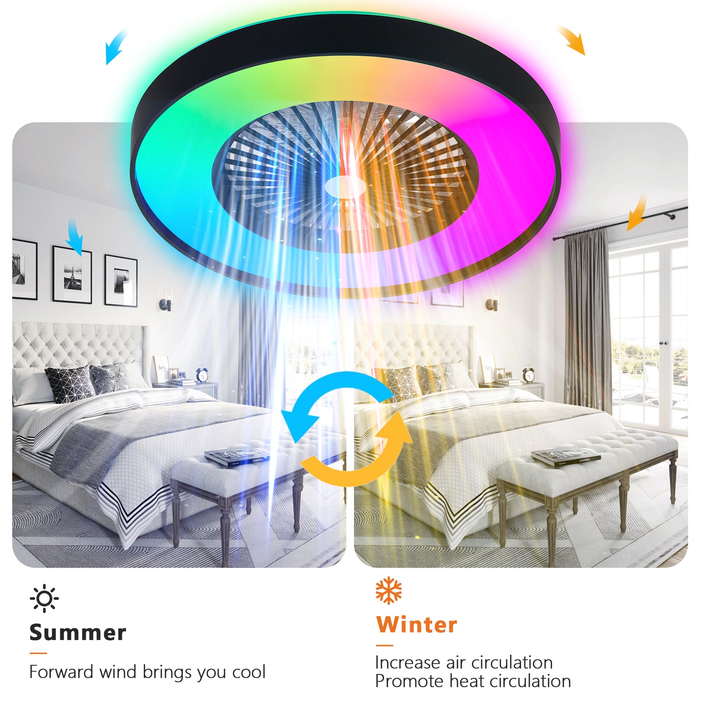 23-inch Black Ceiling Fan Light With LED RGB   Dimmable & Color-Changing, APP & Remote Control, Modern Smart Ceiling Fan For Living Room, Bedroom, And Dining Room  Silent 6-Speed Reversible DC Motor