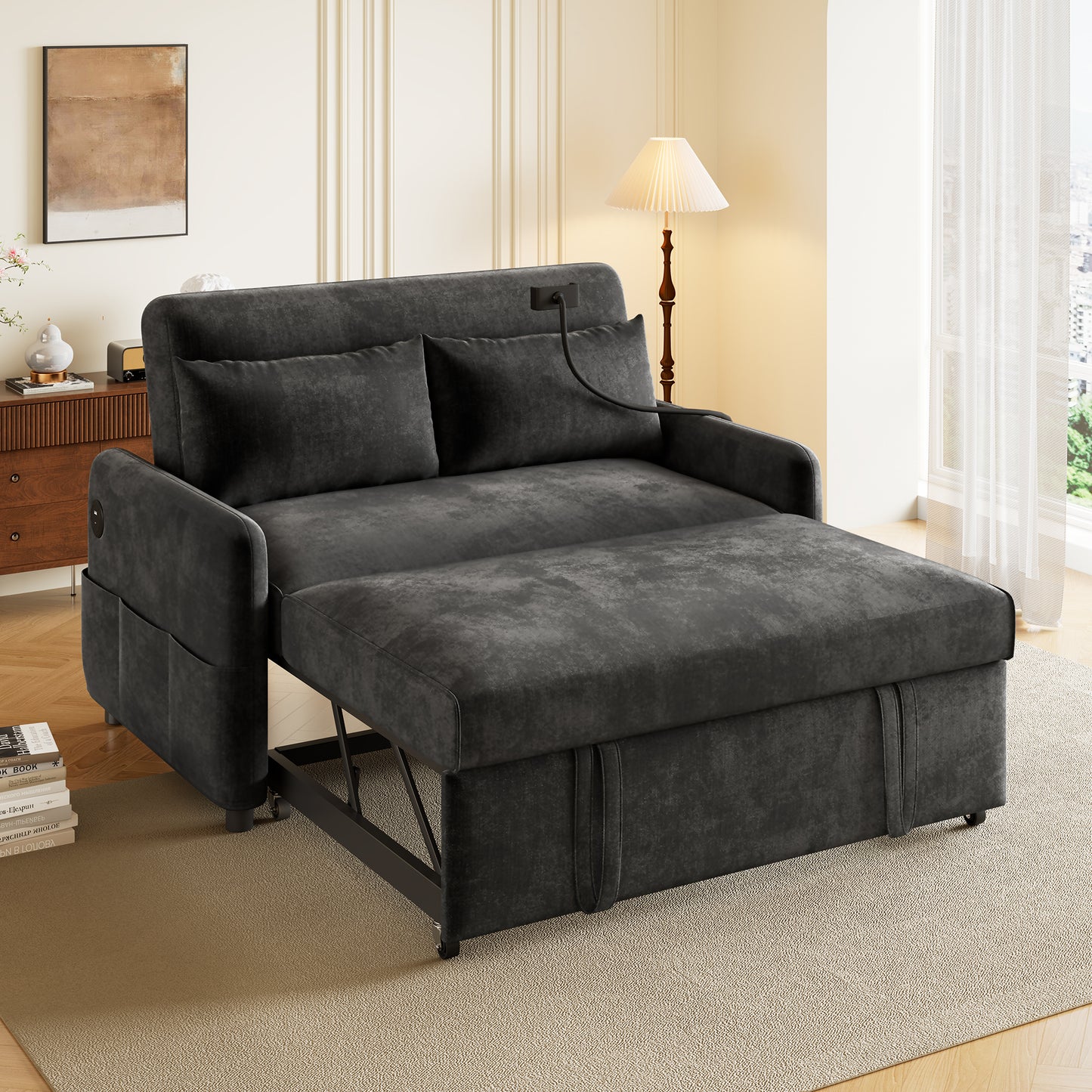 Modern 2 Seater Sofa Bed, 3 In 1 Convertible Design With Adjustable Backrest, Phone Holder, USB Ports And Side Pockets, Pull Out Chenille Sofa Bed For Living Room, Guest Room And Office, Grey