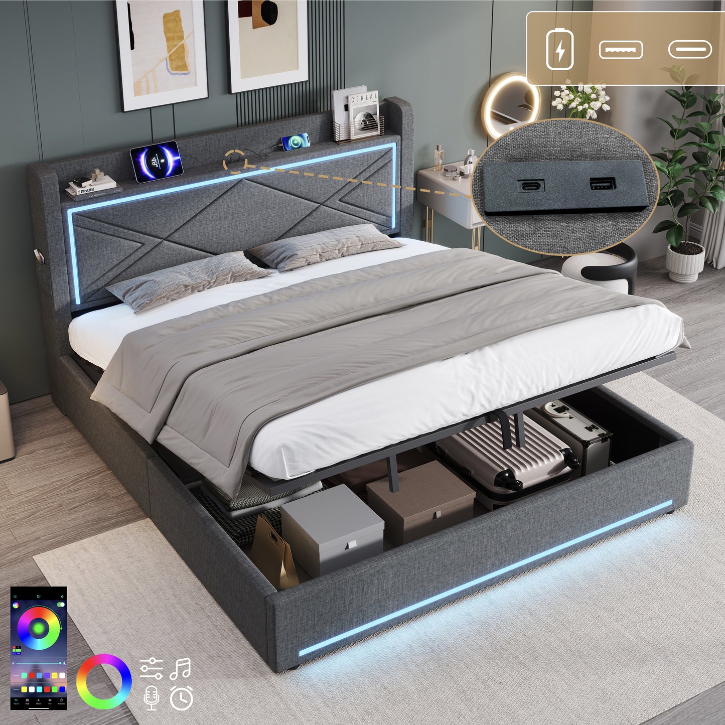 6ft Super King Upholstered Bed Frame With Hydraulic Storage,  Linen Ottoman Bed With LED Lighting And Charging Station, USB And Type - C Ports, No Box Spring Needed, Grey No Mattress