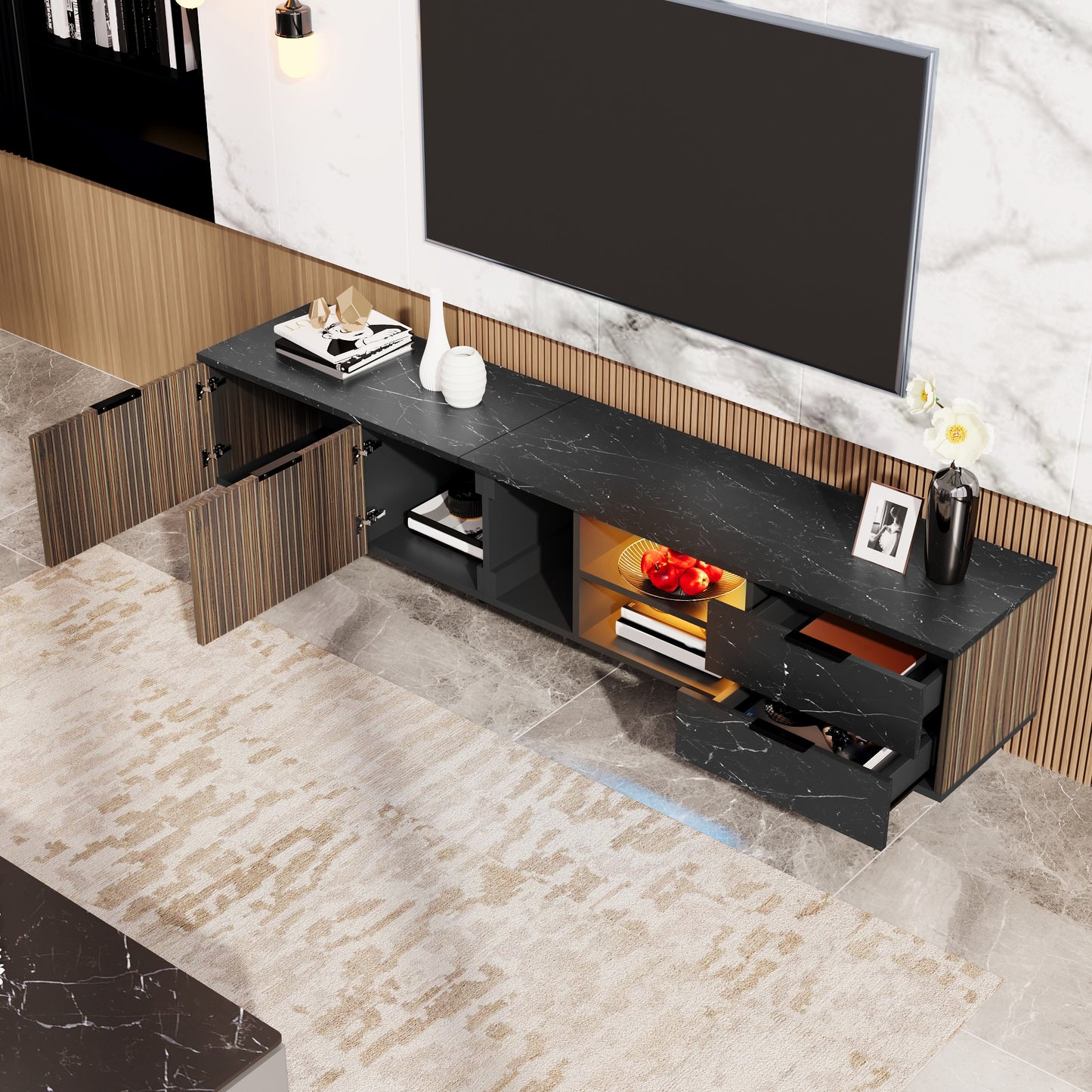 200cm TV Cabinet With Black Marble Look, Dark Wood Grain Doors, Adjustable LED Lighting, Two Doors And Two Drawers, Suitable For Robot Vacuum Cleaners