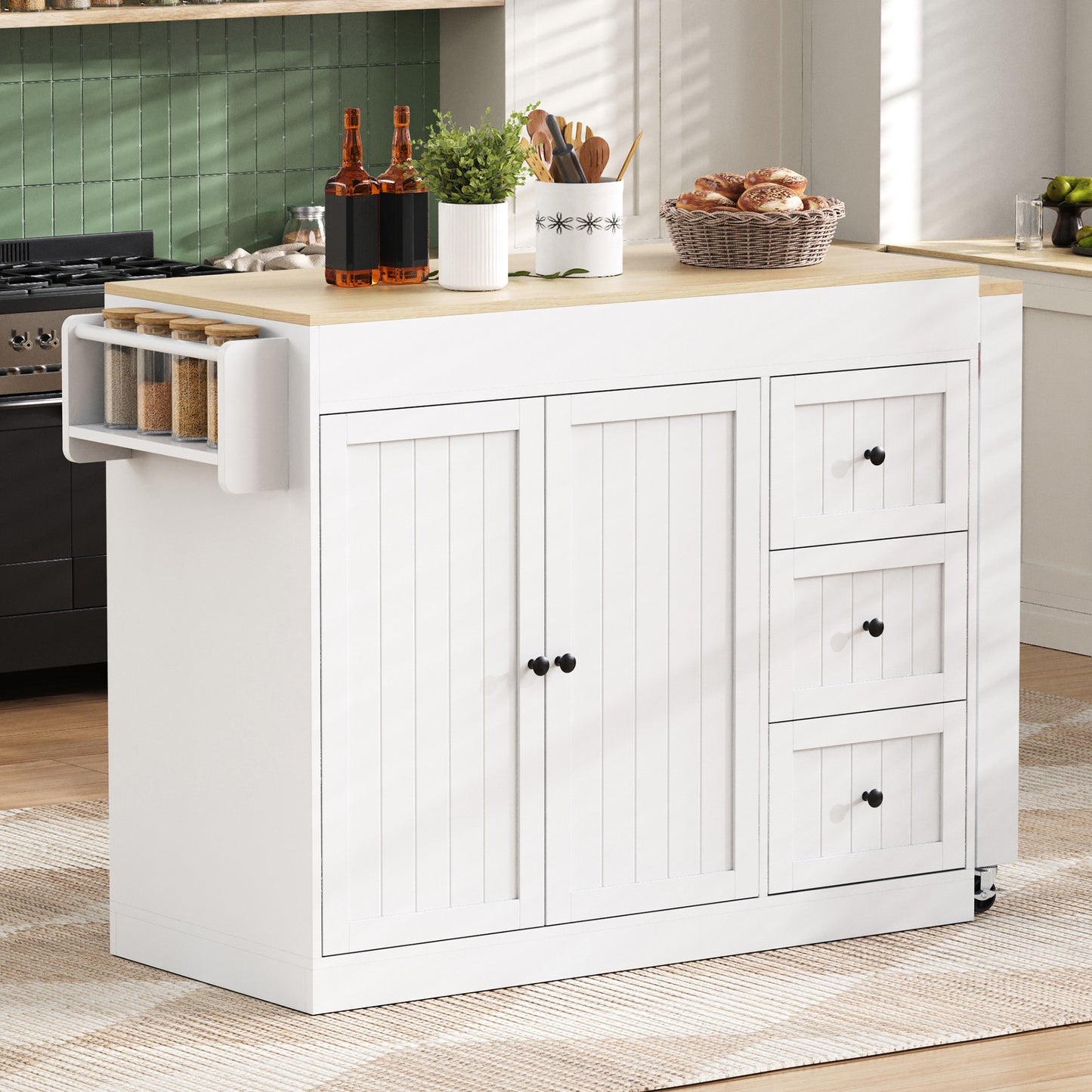 Kitchen Island On Wheels, Extendable Dining Area Kitchen Island With Spice Rack And Drawers, Mobile Kitchen Island Freestanding, Ideal For Kitchen And Dining Room  White