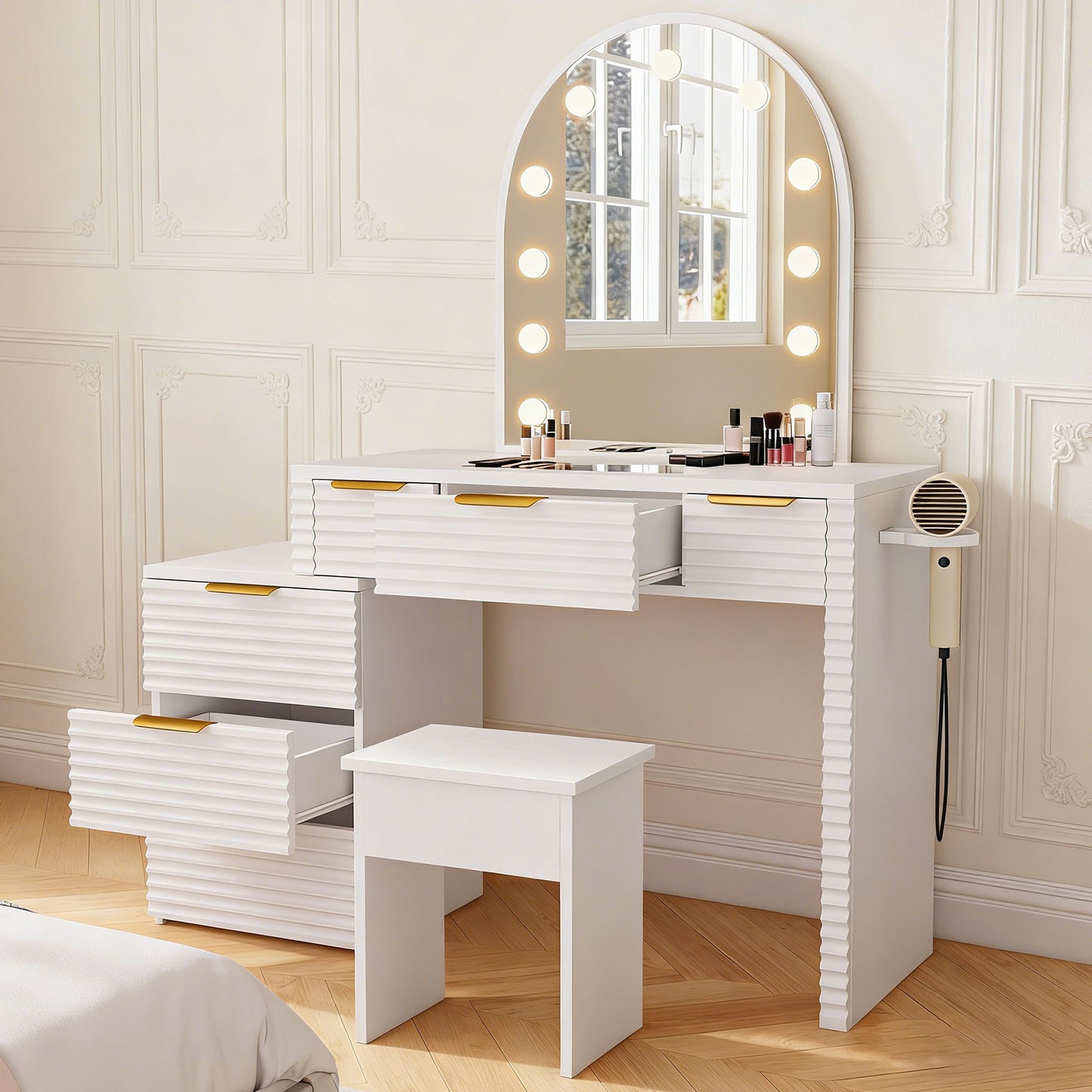 Makeup Vanity Desk With Mirror Lights Glass Tabletop 3 Lighting Modes Adjustable Vanity Table Modern Makeup Desk With Chair Power Outlet And 6 Drawers For Bedroom