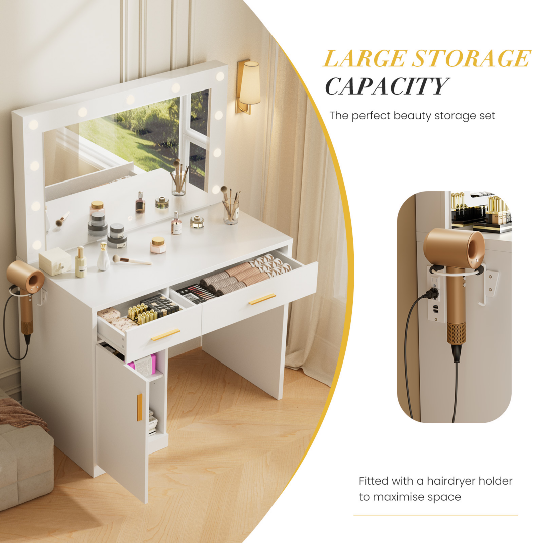 Mirror And Lights, Makeup Vanity Table With Charging Station , 2 Drawers & Large Cabinet, 3 Lighting Color Adjustable, Dressing Table