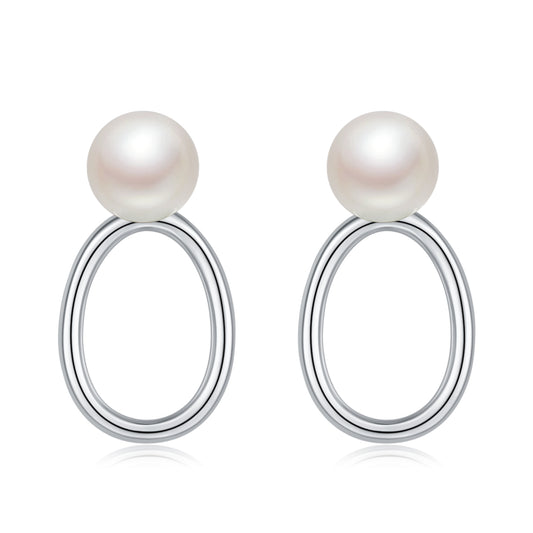 S925 Sterling Silver Natural Freshwater Pearl Earrings Minimalist Hollow Oval Ring Design Platinum Plated 1.6g Gift Box
