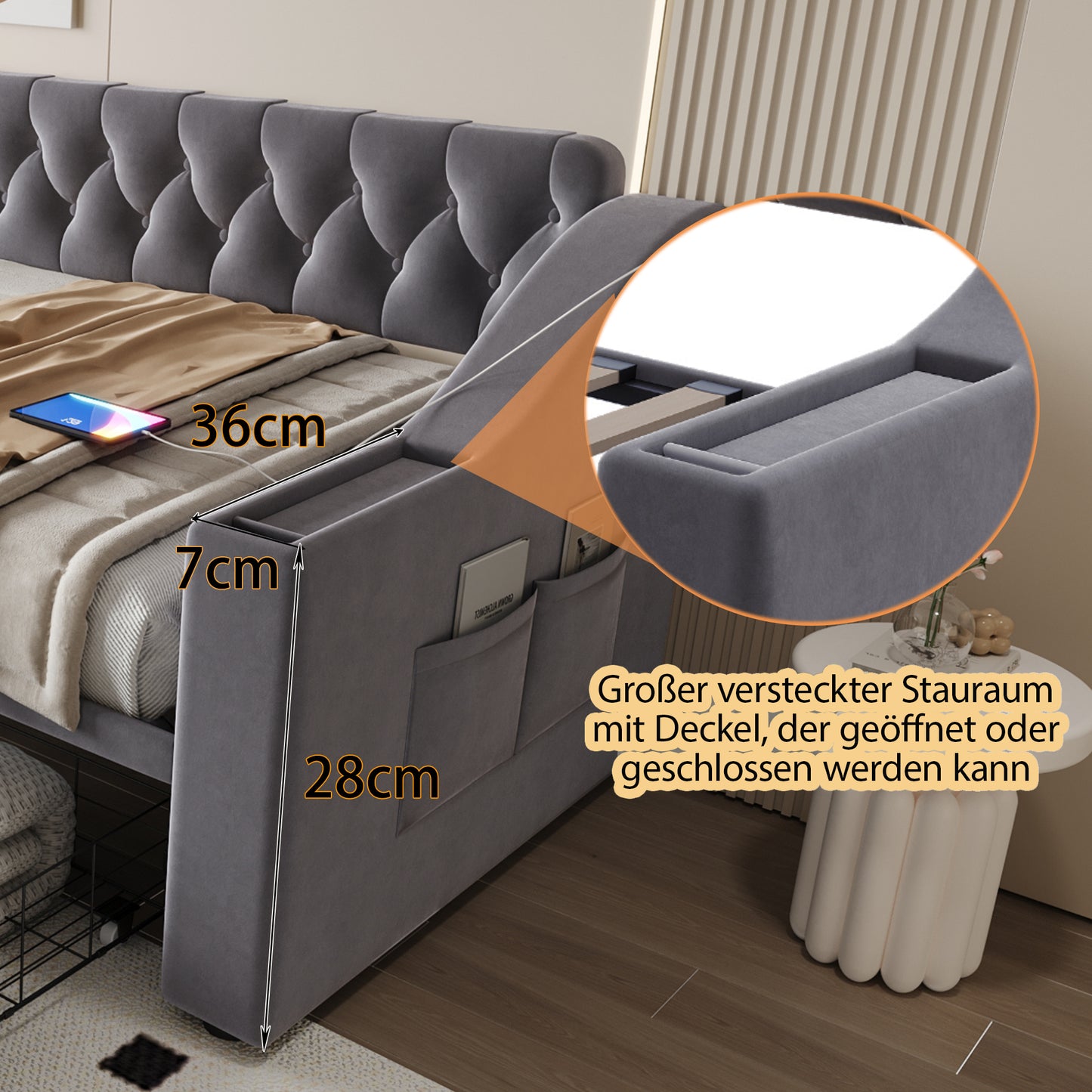 Upholstered Bed Sofa Bed 90x190 Cm, Wider And Thicker Armrests With USB Charging Port, Integrated Shelf In The Armrests, With Storage Pockets, With Storage Drawer, Velvet Fabric, Dark Grey