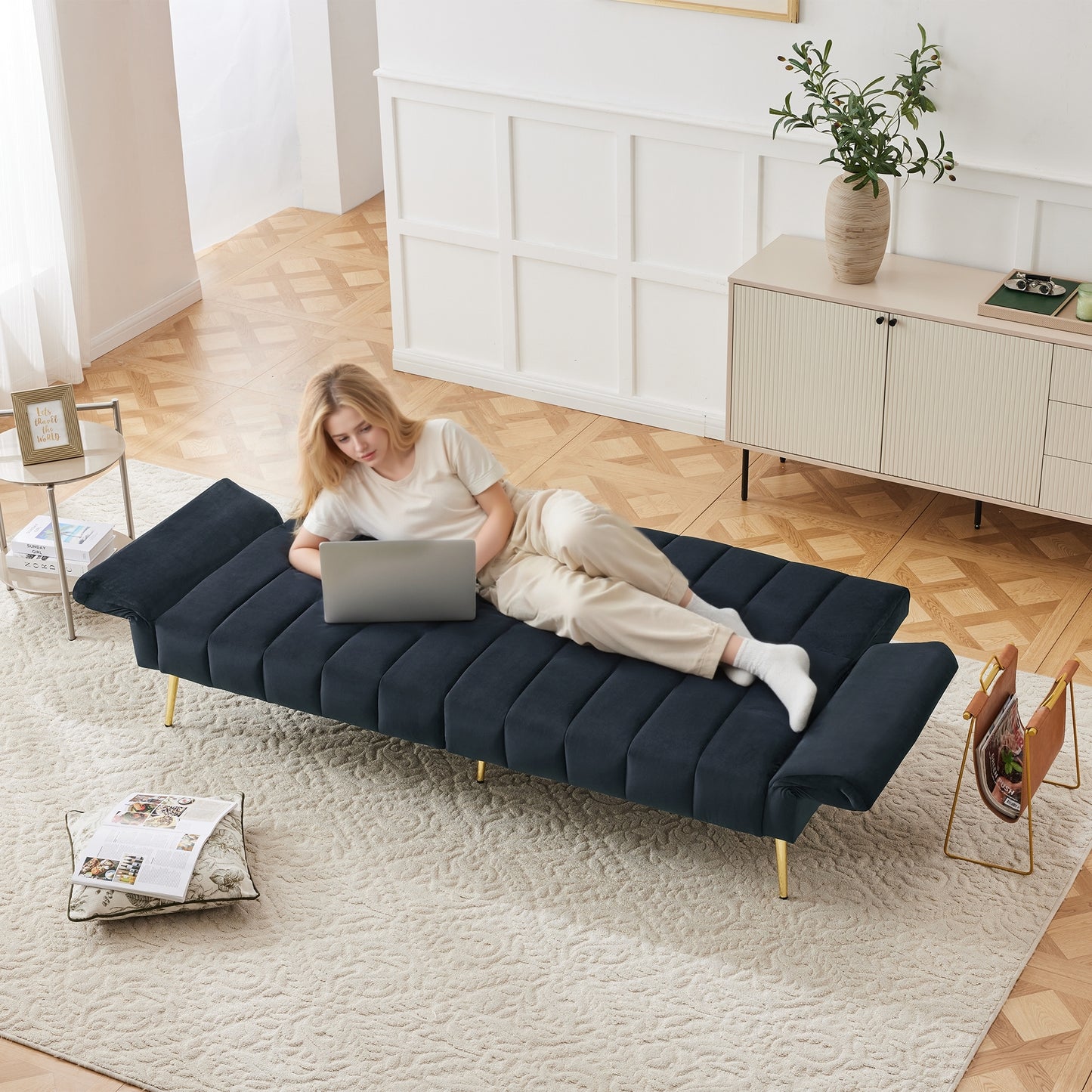 Modern Folding Sofa Bed, Sofa Bed With Auxiliary Feet, With Sleeping Function, Velvet Fabric, Suitable For Living Room, Bedroom, Home Theater, Guest Room. Video Available