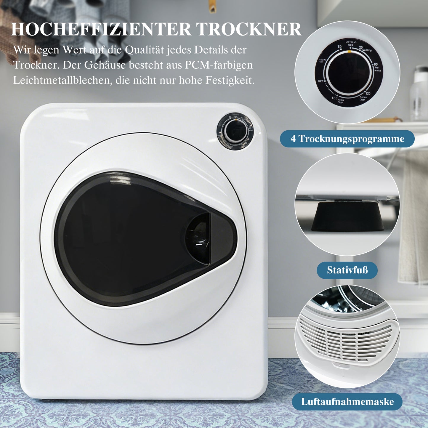 Heavy Duty Tumble Dryer   PTC Ceramic Heater & Stainless Steel Drum, 4 Programs Incl. Cooling Function, Double Safety, Stack Wall Mountable. PCM Housing, Nominal Capacity 3 Kg  Actually 4 Kg .