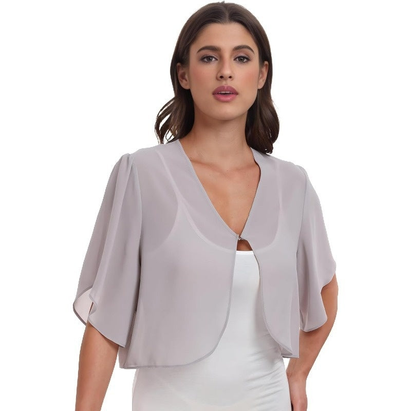 New Womens Chiffon Top Solid Color Short Sleeves Open-front Lightweight