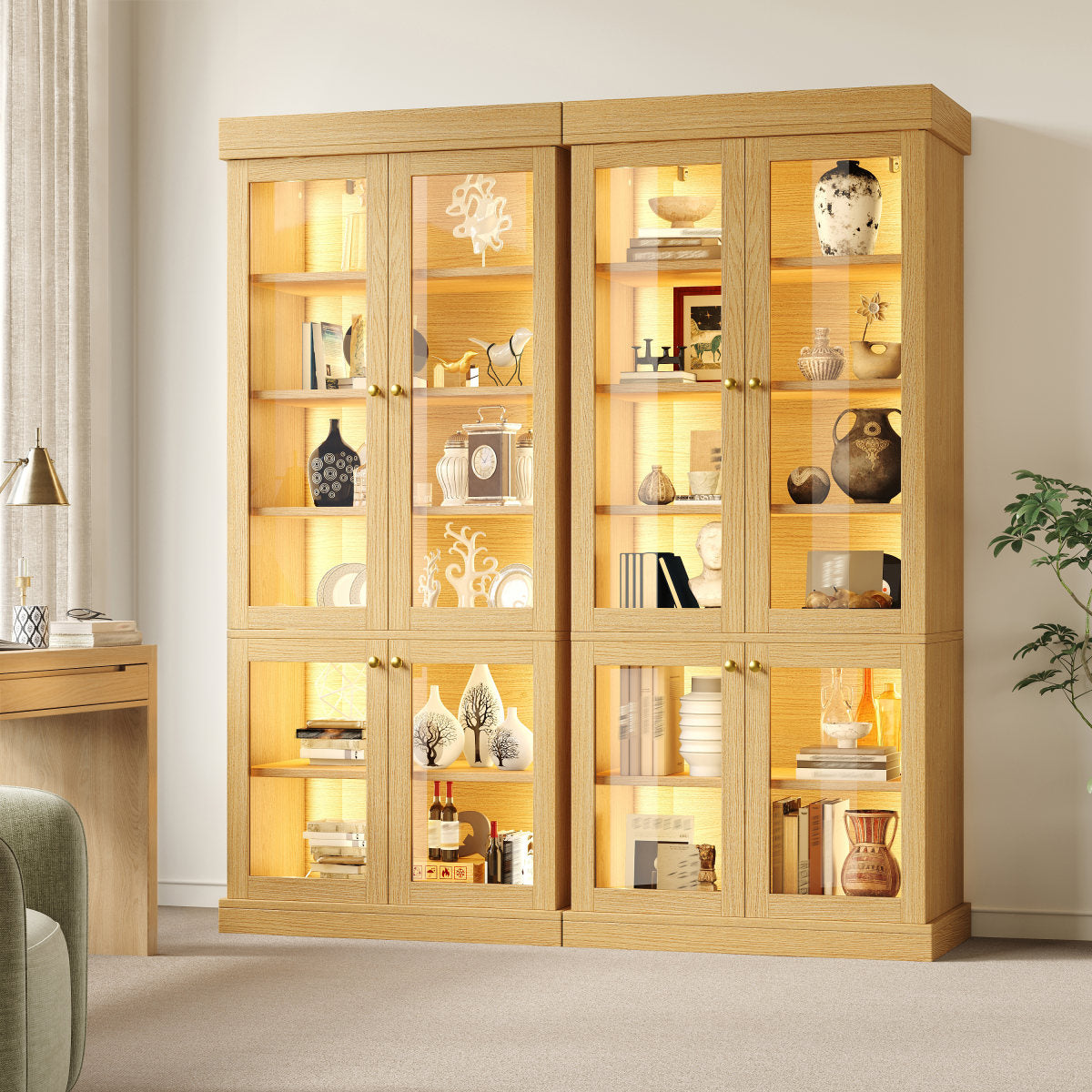 Modern Freestanding Cabinet With Integrated LED Mood Lighting, Glass Display Case, Well-designed Interior Layout And Anti-tip Protection Stable, Safe And Versatile For The Home Natural Brown.
