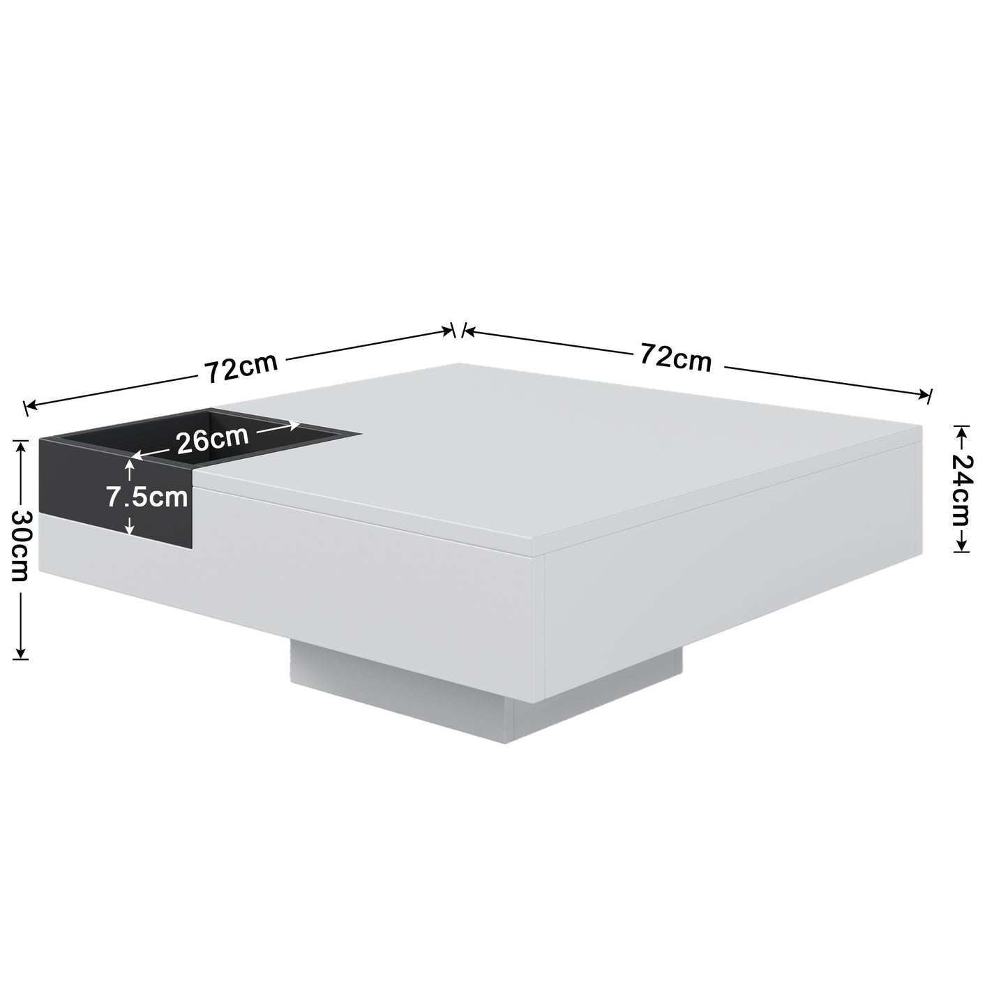 Coffee Table, High-Gloss Living Room Table, Side Table With Removable Storage Box, White And Black Color-Block Design, 72 X 72 X 30 Cm, With LED Lighting Effect