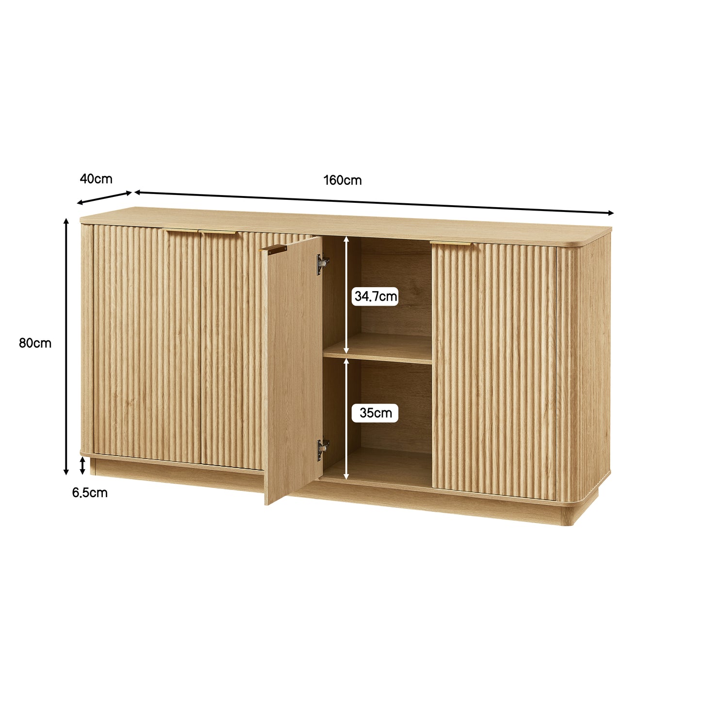 Sideboard Cabinet 160 Cm, Vertical Stripes, Curved Waveform Design, With Storage Space, TV Base Cabinet, For Bedroom, Living Room, Hallway, 160x80x40 Cm, Oak Decor