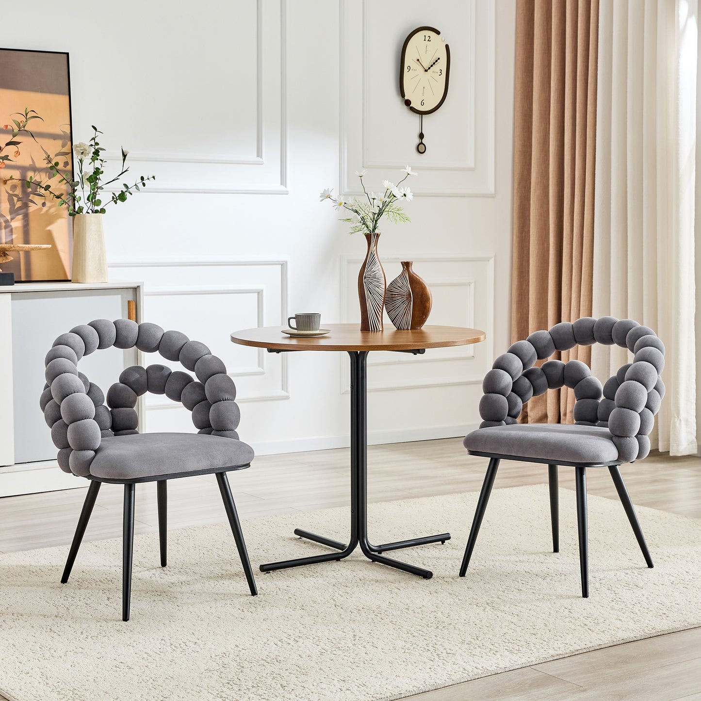 Set Of 2 Grey Velvet Bubble Dining Chairs,Modern Velvet Pebble Accent Side Chair With Curved Bubble Backrest & Black Metal Legs, Luxury Vanity Desk Chair For Kitchen Dining Room Bedroom Living Room