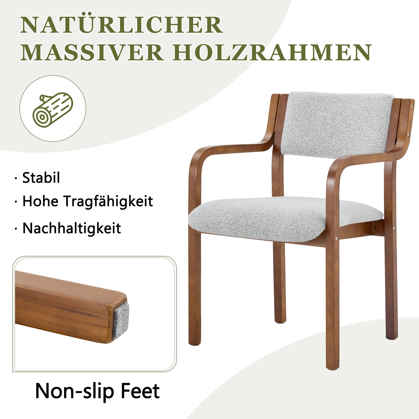 Set Of 2 Dining Chairs With Armrests, Bentwood, Teddy Fabric, Scandinavian, Kitchen & Living Room