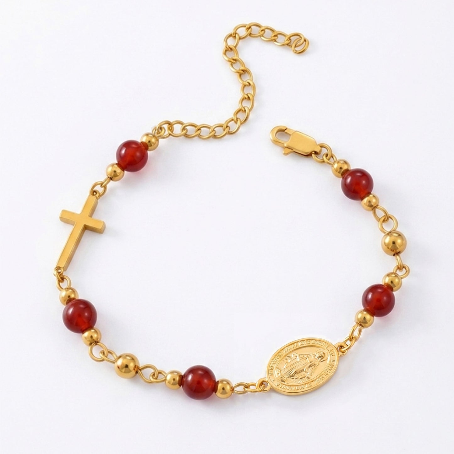 18K Gold Plated Stainless Steel Chain Bracelet For Women Natural Stone Beads Virgin Mary Miracle Medal Cross Bracelets Religious Catholic Jewelry Link Chain Gift