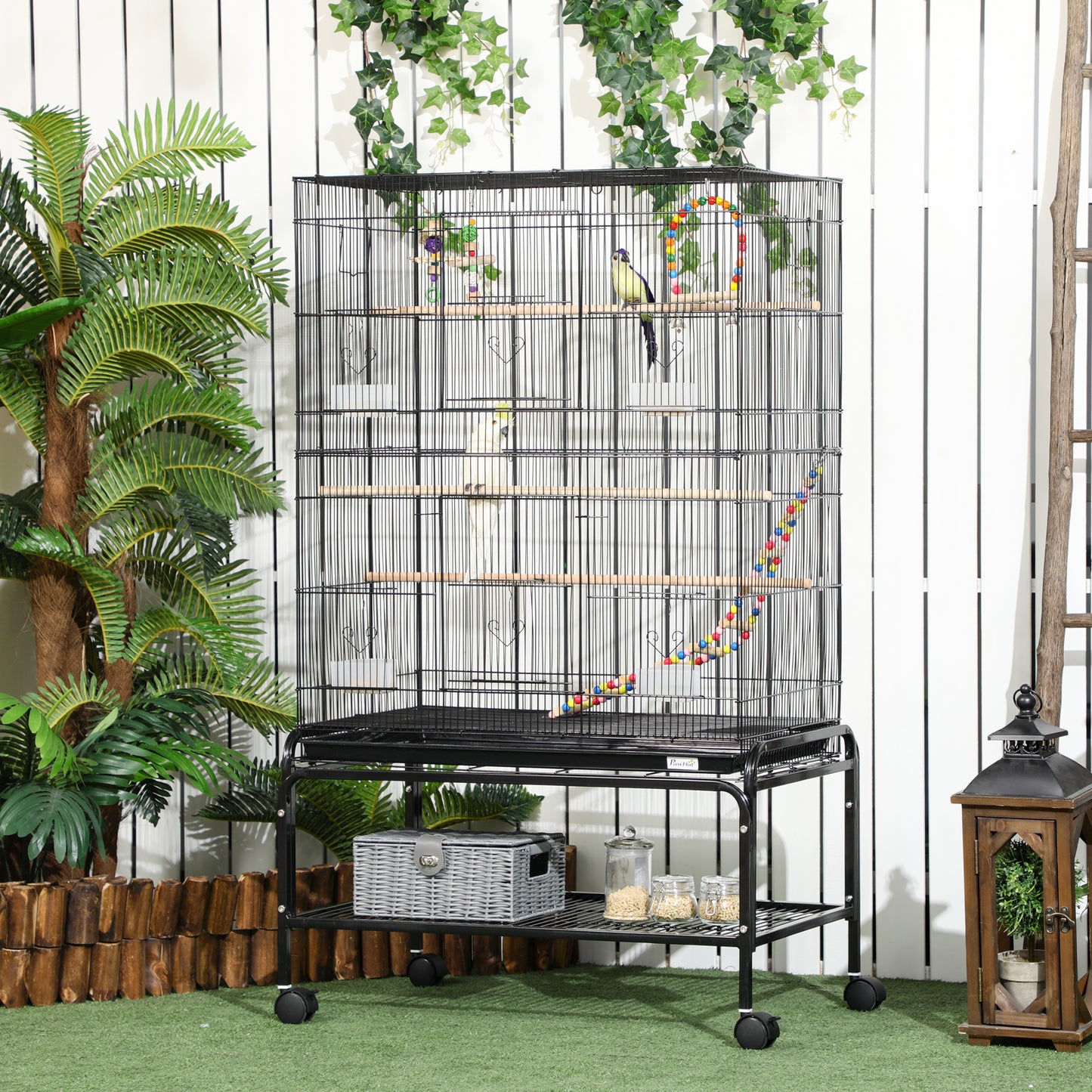 PawHut Large Bird Cage Budgie Cage With Stand, Toys, Wheels, Accessories, Storage Shelf For Canaries, Finches, Lovebirds, Parakeets - Black, 79 X 49 X 133 Cm